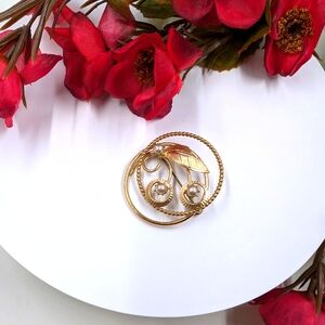 Cherry Design Gold Plated Vintage Brooch with Pearl Accents